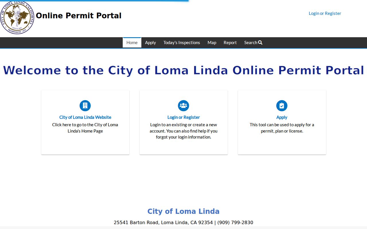 Loma Linda public records Online Permit Portal home screen