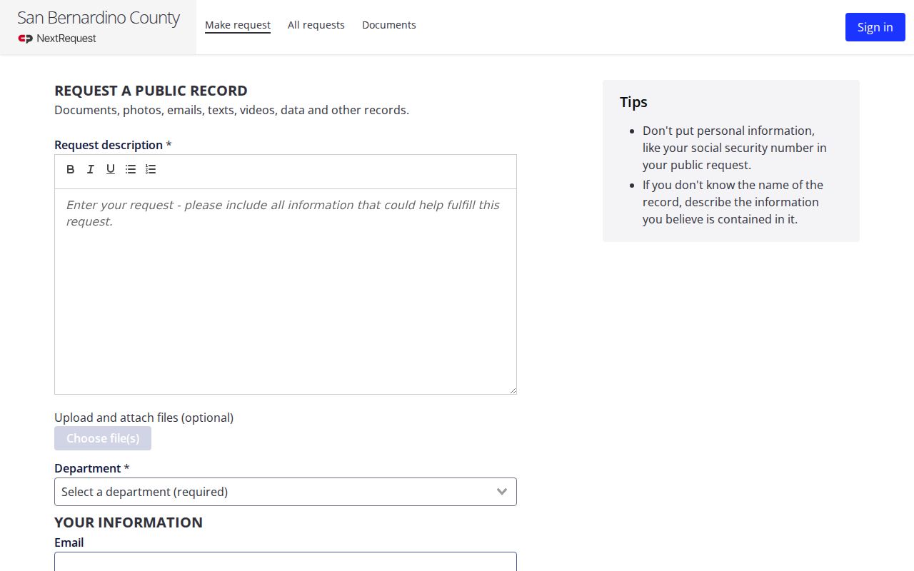 Loma Linda public records request through San Bernardino County NextRequest