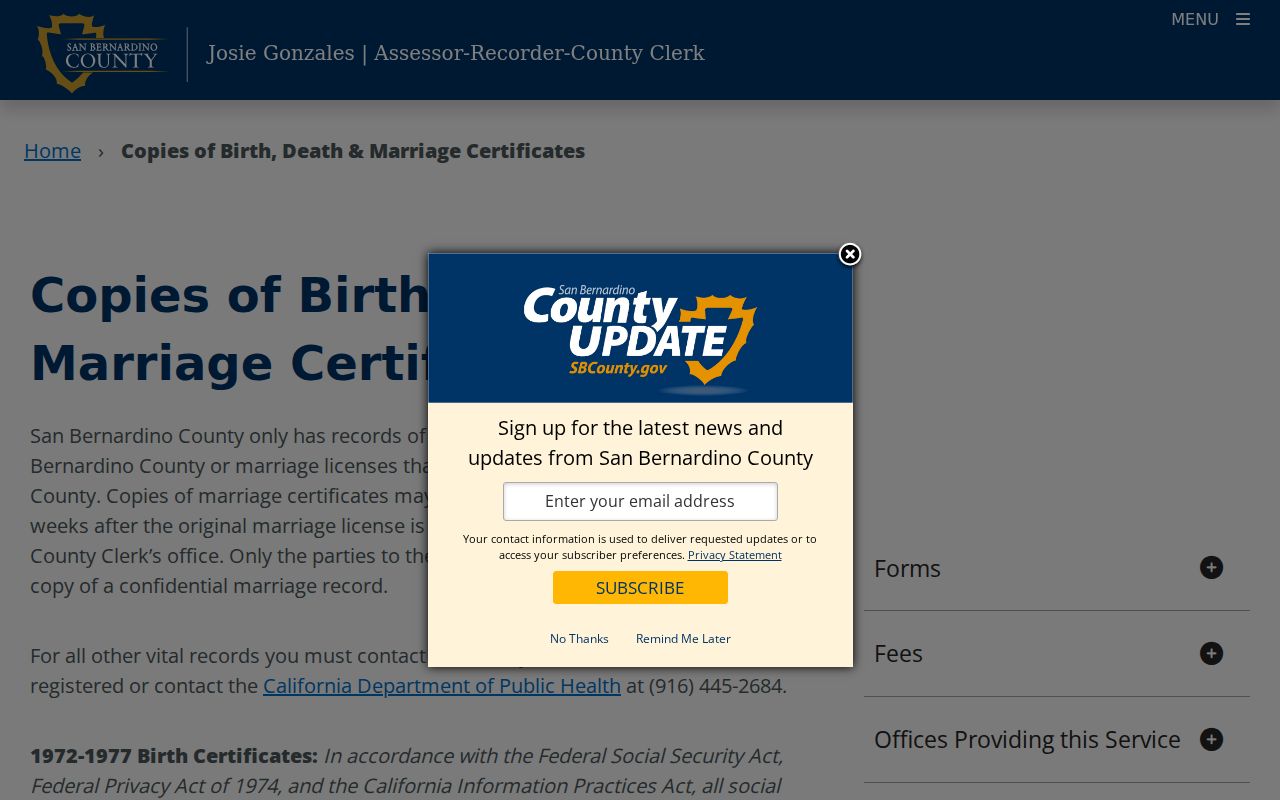 Loma Linda public records page for San Bernardino County vital certificate copies