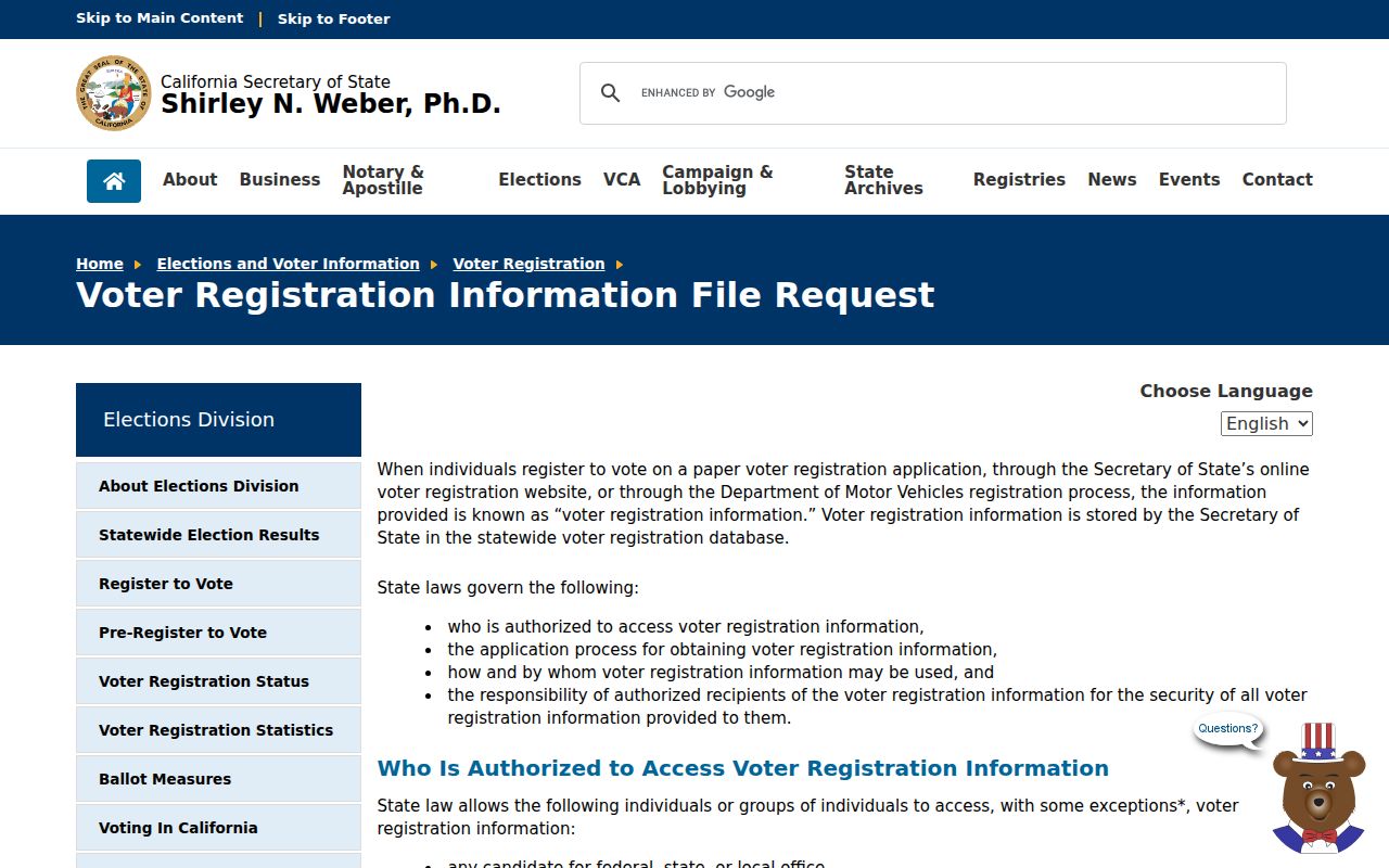 Loma Linda voter registration file request rules from California